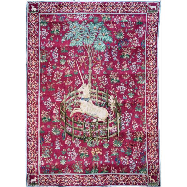 Unicorn In Captivity Red Large Wool Tapestry