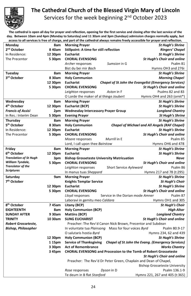 Details of services and music - Lincoln Cathedral