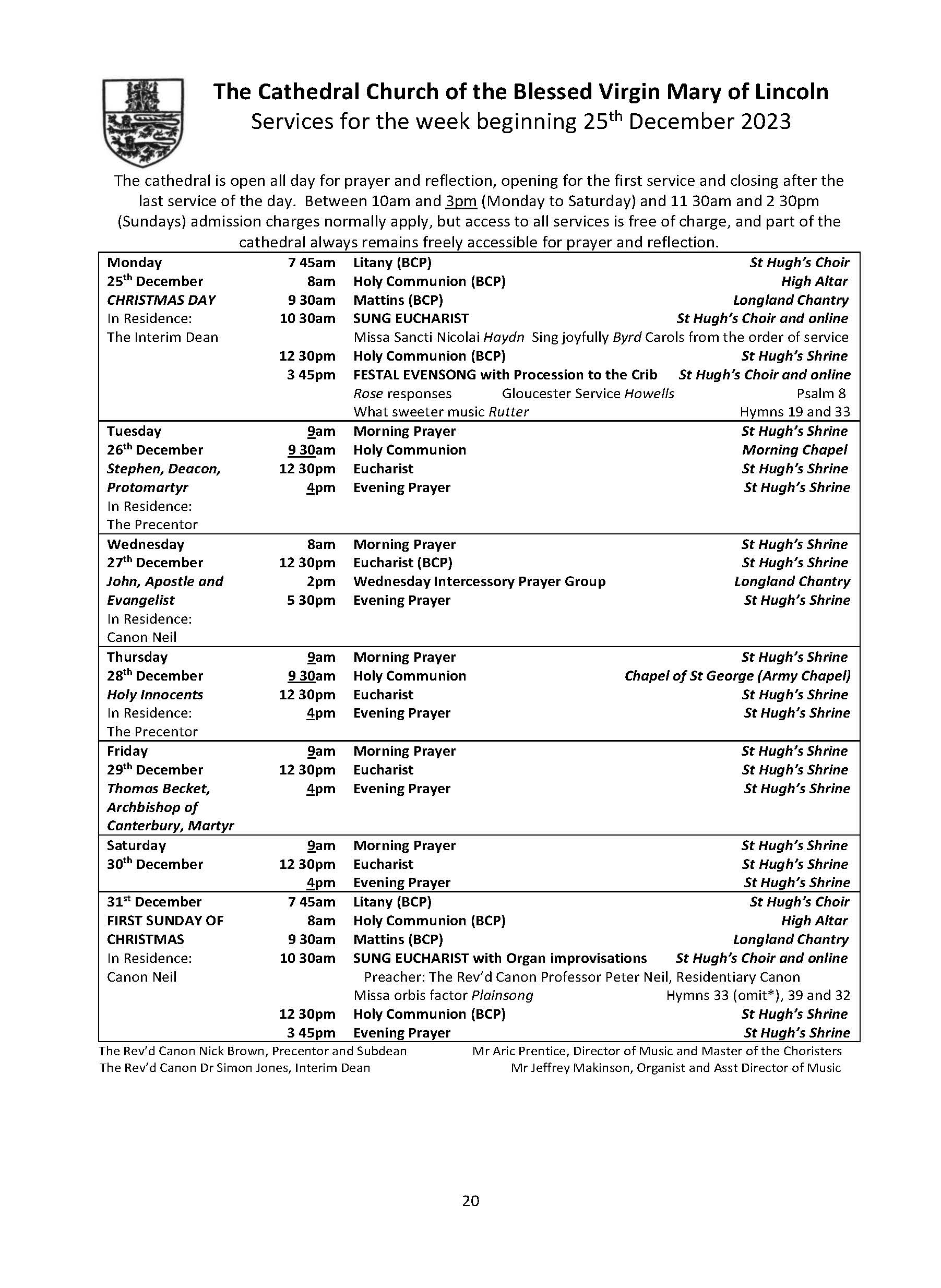 Details of services and music - Lincoln Cathedral