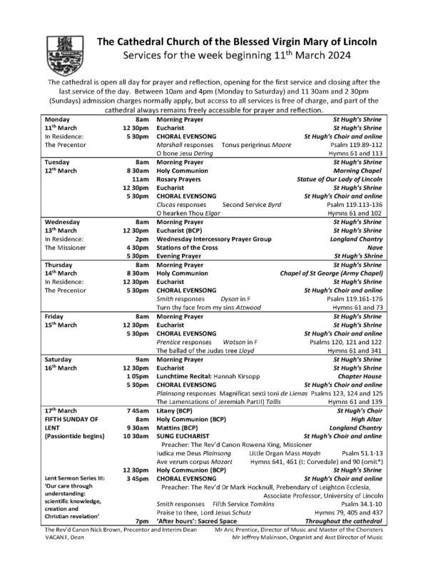 Details of services and music - Lincoln Cathedral